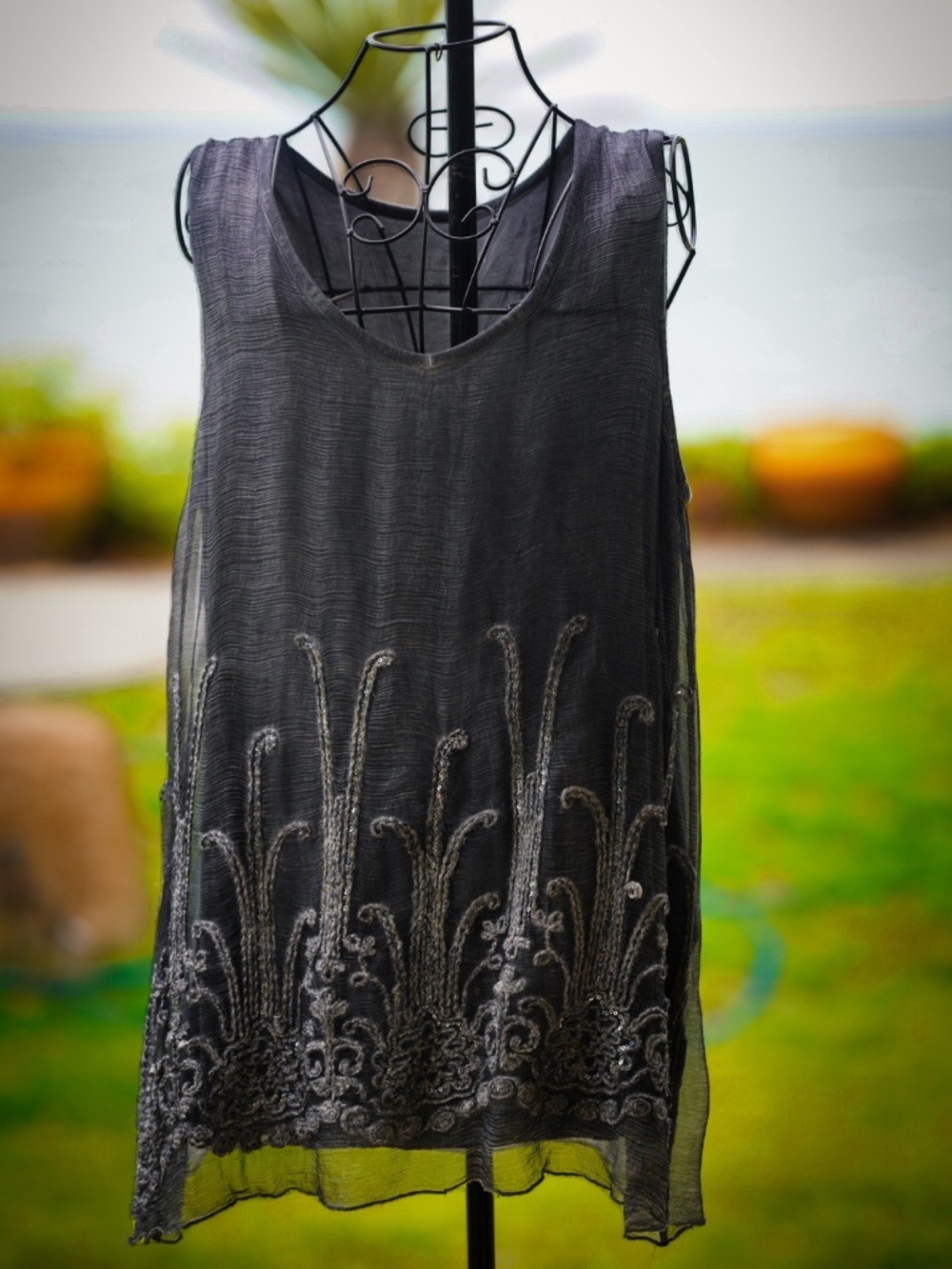 Soft Surroundings Charcoal Gray Sequin Embroidered Silk Tunic - Medium